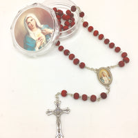 Immaculate Heart Wood Rose Scented Rosary in Matching Clear Box - Unique Catholic Gifts
