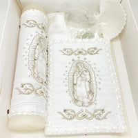 White Our Lady of Guadalupe Baptism, Christening Candle Set ( 5 Piece) - Unique Catholic Gifts