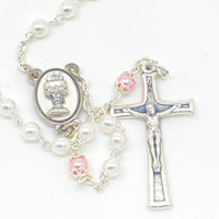 White Pearl and Rose First Communion Chalice Rosary 5mm - Unique Catholic Gifts