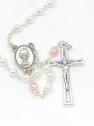 White Pearl and Rose First Communion Chalice Rosary 5mm - Unique Catholic Gifts