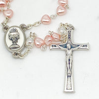 Pink Pearl and White  First Communion Chalice Rosary 5mm - Unique Catholic Gifts