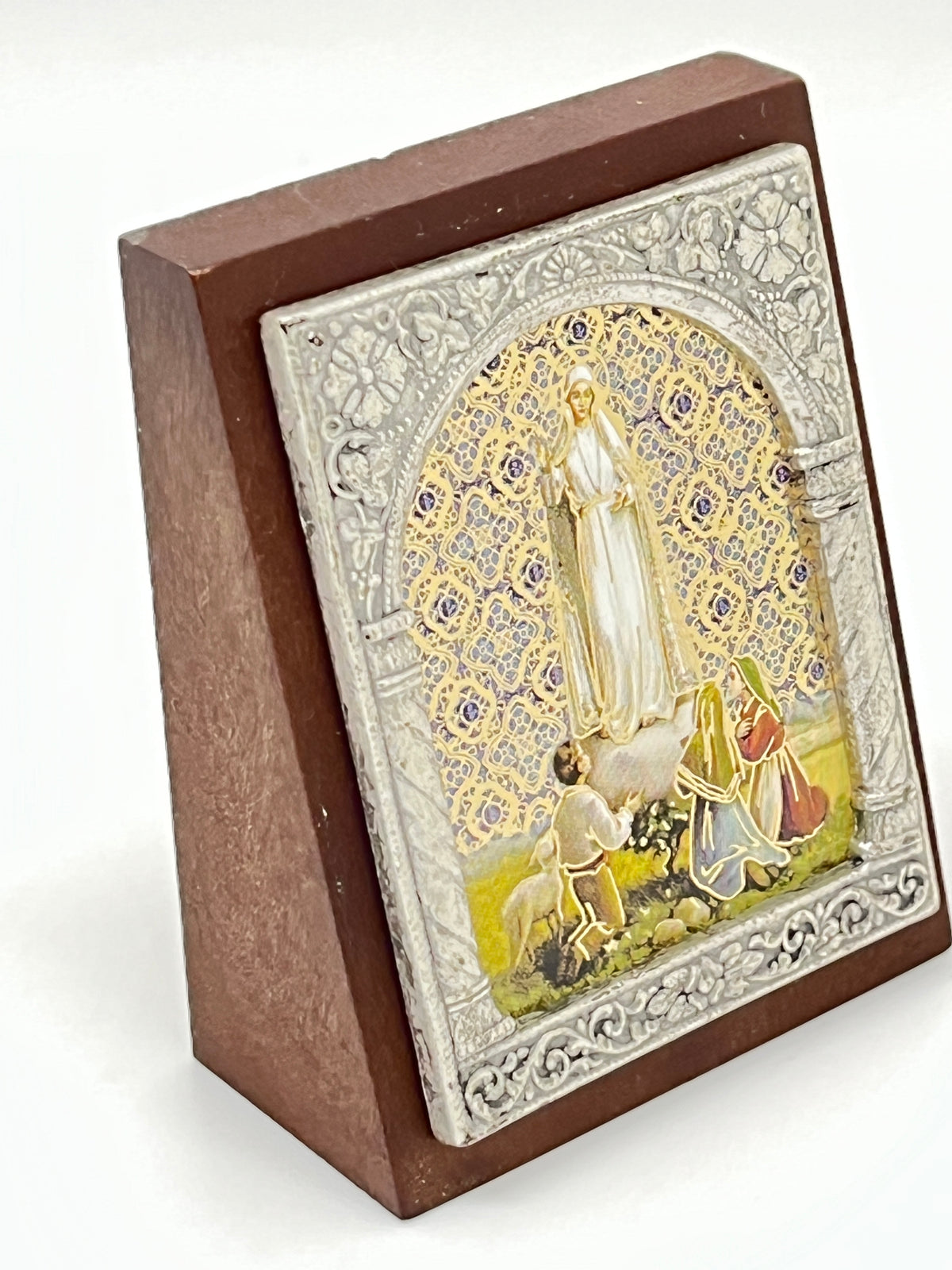 Our Lady of Fatima Italian Standing Plaque. (2 x 2 1/2") - Unique Catholic Gifts