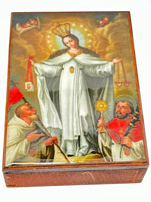 Our Lady of the Red Scapular Wood Rosary Box with Wood Rosary - Unique Catholic Gifts