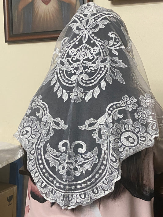 White Lace Mantilla Chapel Spanish Veil 51" - Unique Catholic Gifts