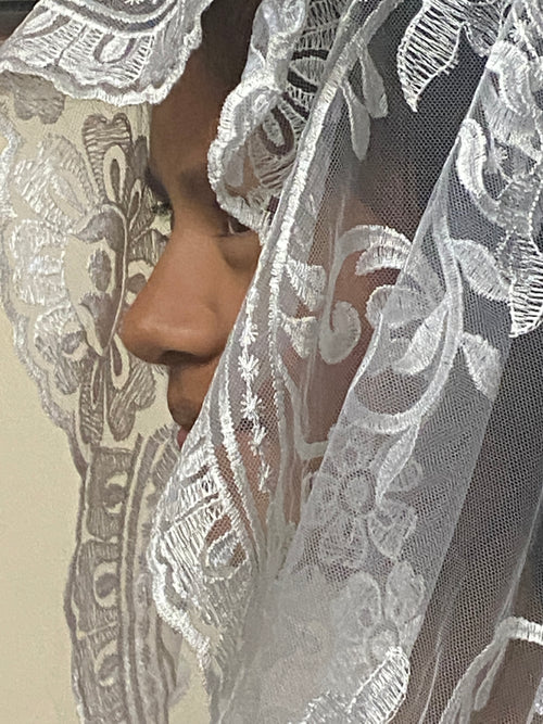 White Lace Mantilla Chapel Spanish Veil 51" - Unique Catholic Gifts