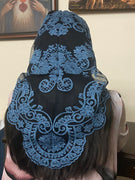 Dark Blue Brilliant Lace Mantilla Chapel Spanish Veil 51" - Unique Catholic Gifts
