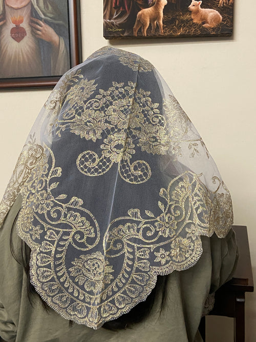 Metallic Gold on White Lace Mantilla Chapel Spanish Veil 51" - Unique Catholic Gifts