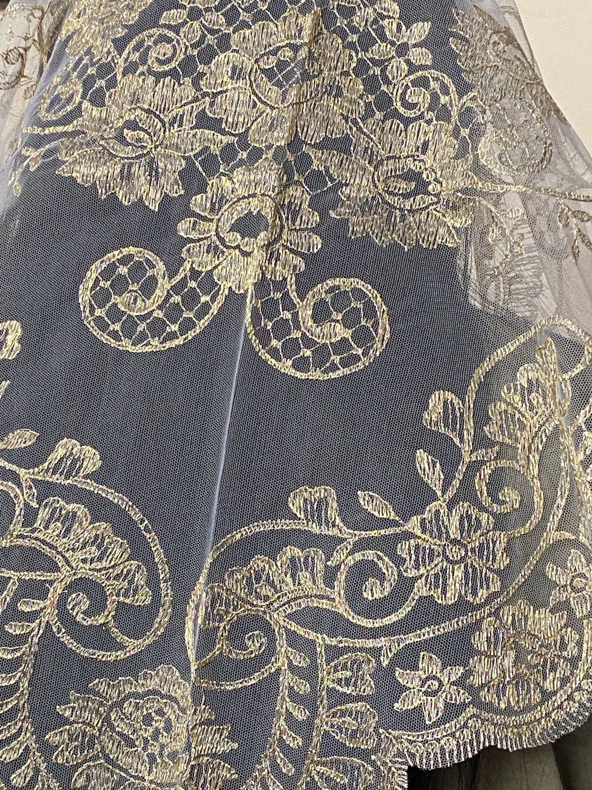 Metallic Gold on White Lace Mantilla Chapel Spanish Veil 51" - Unique Catholic Gifts