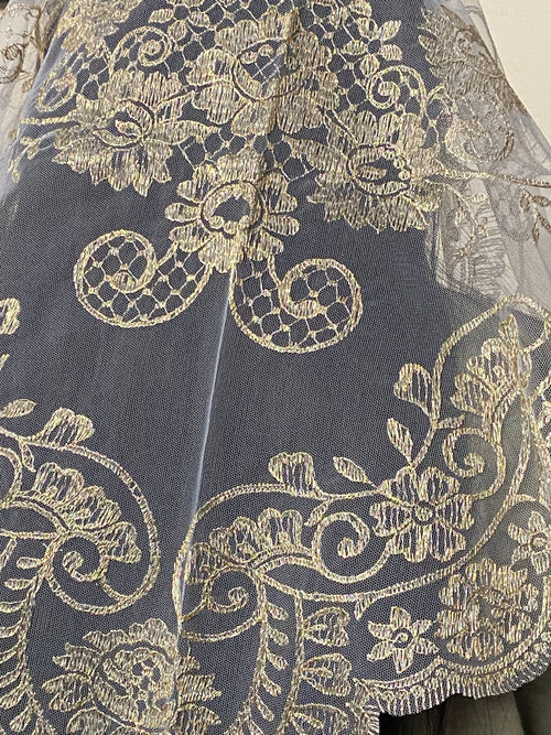 Metallic Gold on White Lace Mantilla Chapel Spanish Veil 51" - Unique Catholic Gifts