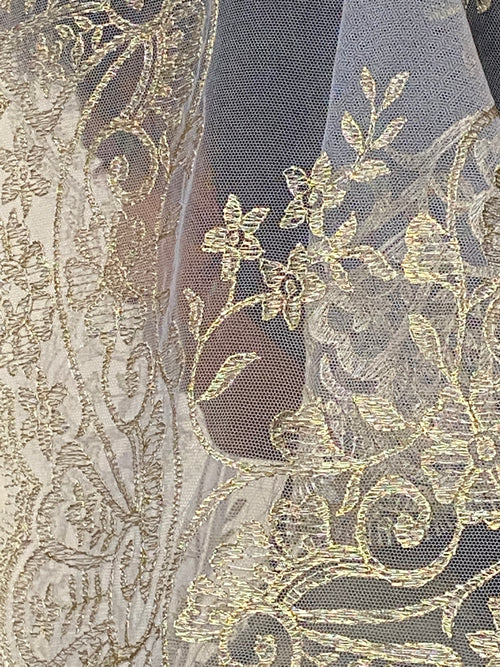 Metallic Gold on White Lace Mantilla Chapel Spanish Veil 51" - Unique Catholic Gifts