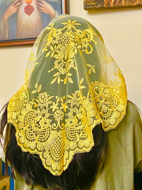 Yellow Eva Lace Mantilla Chapel Spanish Veil 51" - Unique Catholic Gifts