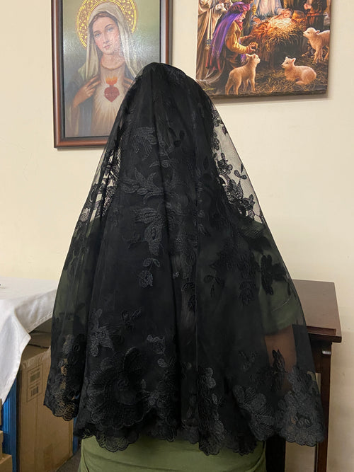 Half Circle  Black Lace Mantilla Chapel Spanish Veil 61" - Unique Catholic Gifts
