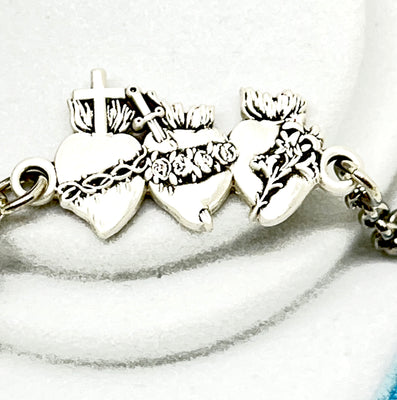 Holy Family Three Hearts Sterling Silver Bracelet - Unique Catholic Gifts