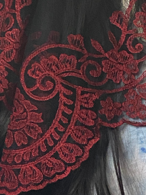 Cherry and Black Lace Mantilla Chapel Spanish Veil 51" - Unique Catholic Gifts