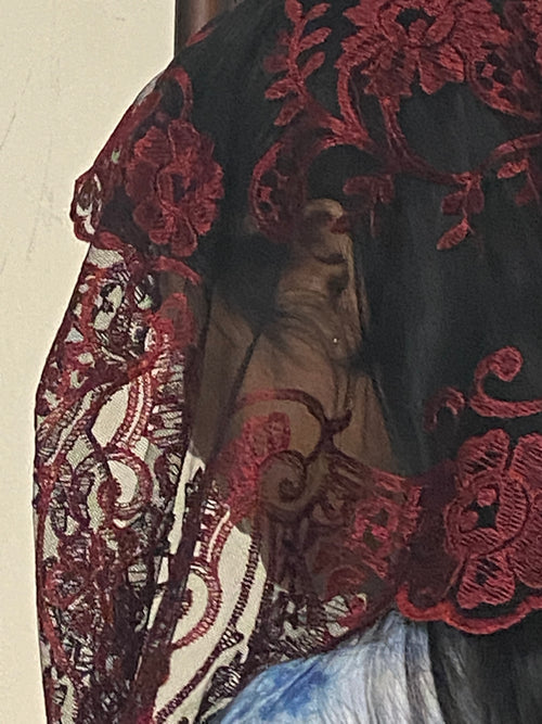 Cherry and Black Lace Mantilla Chapel Spanish Veil 51" - Unique Catholic Gifts