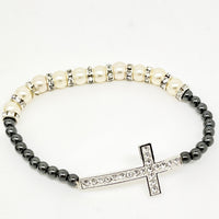 Imitation Pearl and Hematite  Cross Stretch Bracelet - Unique Catholic Gifts