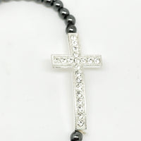 Imitation Pearl and Hematite  Cross Stretch Bracelet - Unique Catholic Gifts