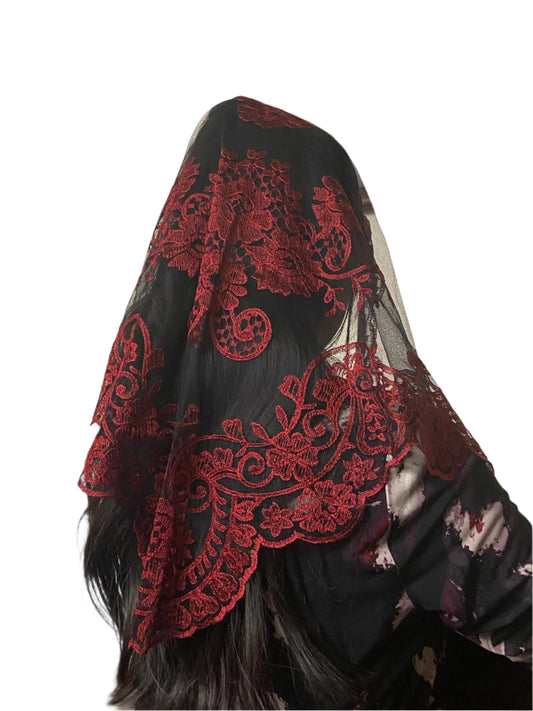 Cherry and Black Lace Mantilla Chapel Spanish Veil 51" - Unique Catholic Gifts