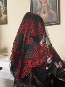Cherry and Black Lace Mantilla Chapel Spanish Veil 51" - Unique Catholic Gifts