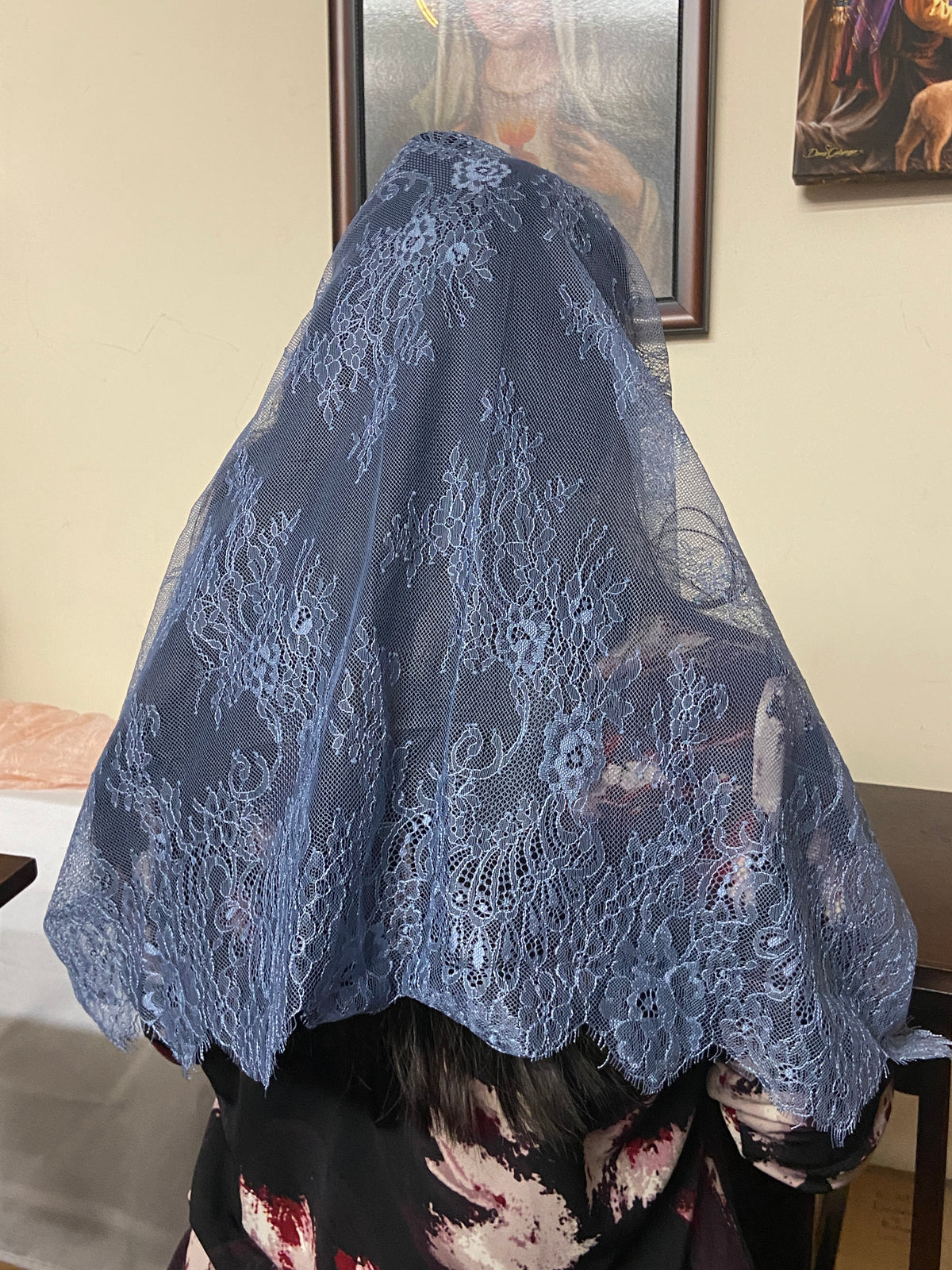 Arabic Blue Lace Infinity Francisca Chapel Spanish Veil 31" x 36" - Unique Catholic Gifts
