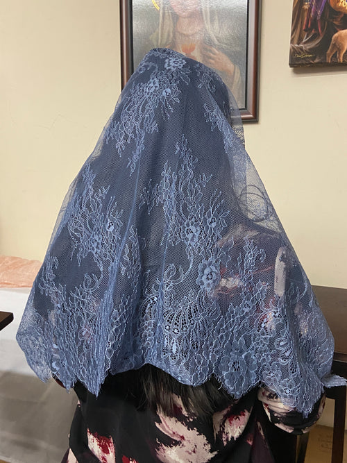Arabic Blue Lace Infinity Francisca Chapel Spanish Veil 31" x 36" - Unique Catholic Gifts
