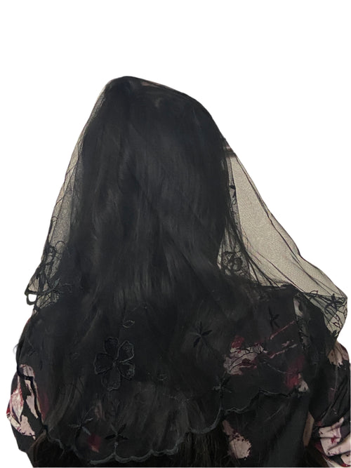 Black Daisy Lace Mantilla Chapel Spanish Veil 48" - Unique Catholic Gifts