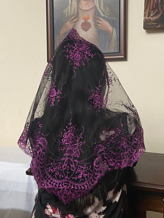 Purple and Black Lace Mantilla Chapel Spanish Veil 51" - Unique Catholic Gifts