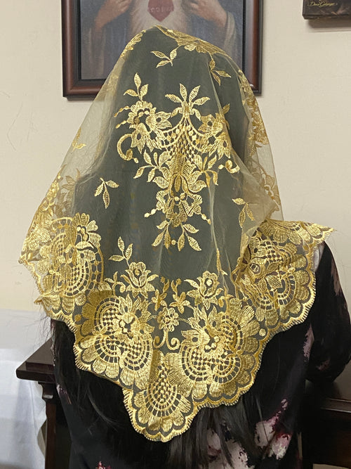 Yellow Eva Lace Mantilla Chapel Spanish Veil 51" - Unique Catholic Gifts