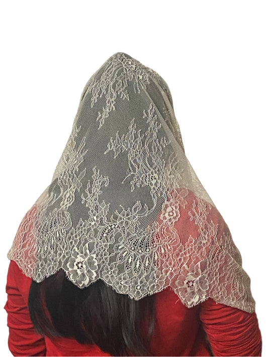Beige Lace Infinity Chapel Spanish Veil 31" x 36" - Unique Catholic Gifts