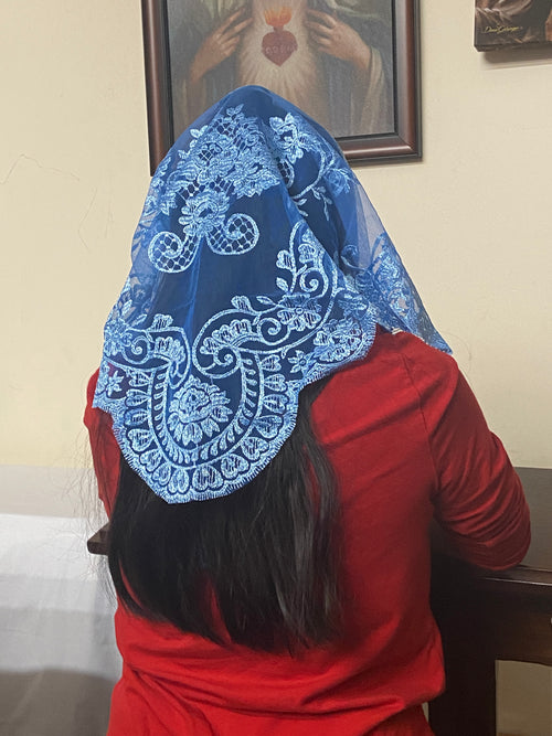 Madonna Blue Lace Mantilla Chapel Spanish Veil 51" - Unique Catholic Gifts