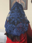Deep Blue Lace Mantilla Chapel Spanish Veil 51" - Unique Catholic Gifts