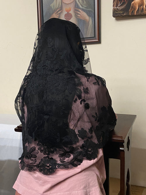 Half Circle  Black Lace Mantilla Chapel Spanish Veil 61" - Unique Catholic Gifts