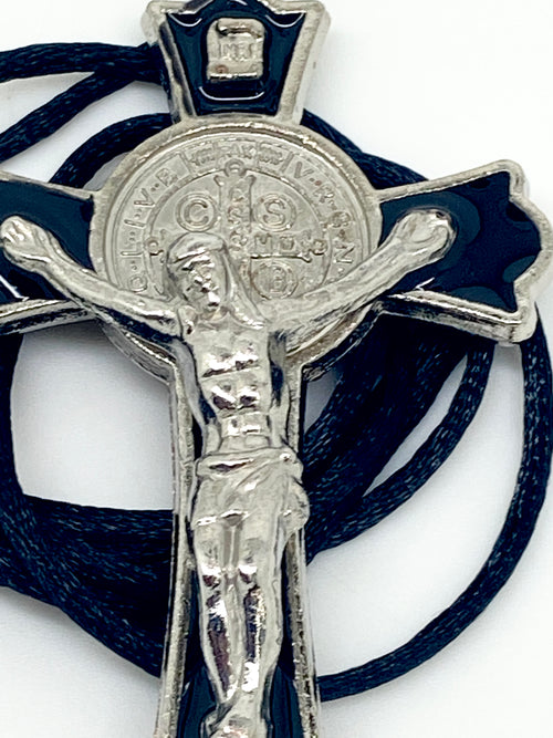 Black Enamel Benedictine Crucifix on Cord 3" - Unique Catholic Gifts