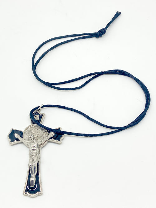 Black Enamel Benedictine Crucifix on Cord 3" - Unique Catholic Gifts