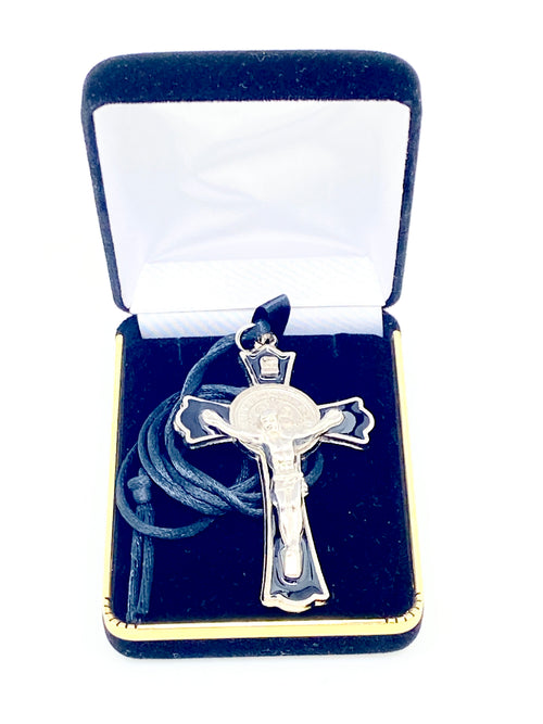 Black Enamel Benedictine Crucifix on Cord 3" - Unique Catholic Gifts