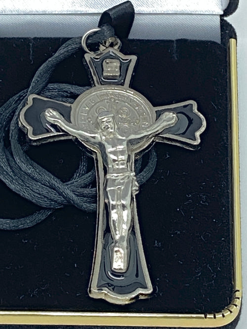 Black Enamel Benedictine Crucifix on Cord 3" - Unique Catholic Gifts