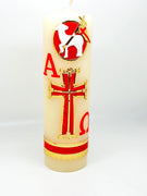 11" Alpha Omega with Lamb Pascual Carved Candle Cirio Candle Beeswax 11" x 3-1/2" - Unique Catholic Gifts