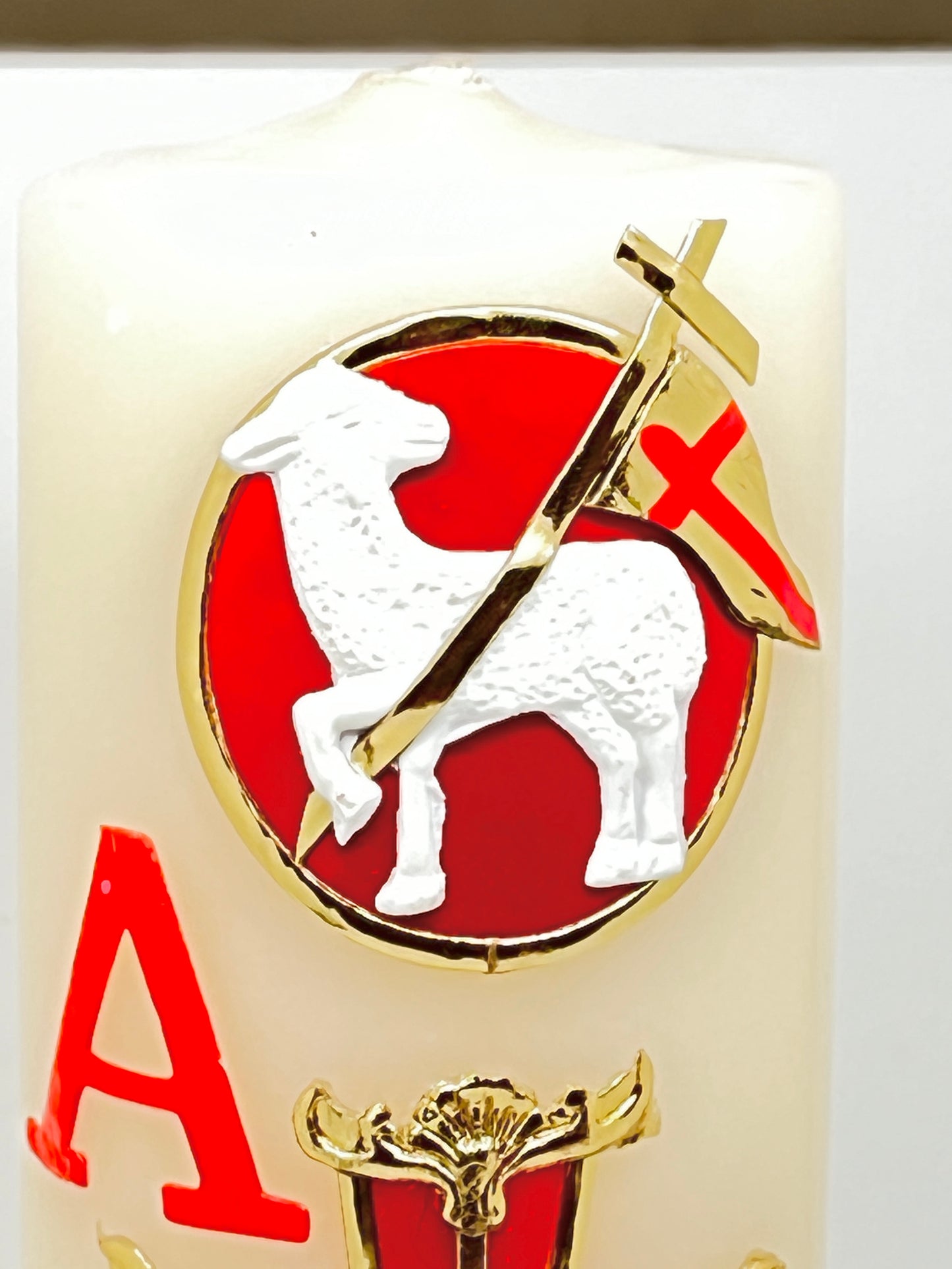 Alpha Omega with Lamb Pascual Carved Candle Cirio Candle Beeswax 9-1/2" x 2 3/4" - Unique Catholic Gifts