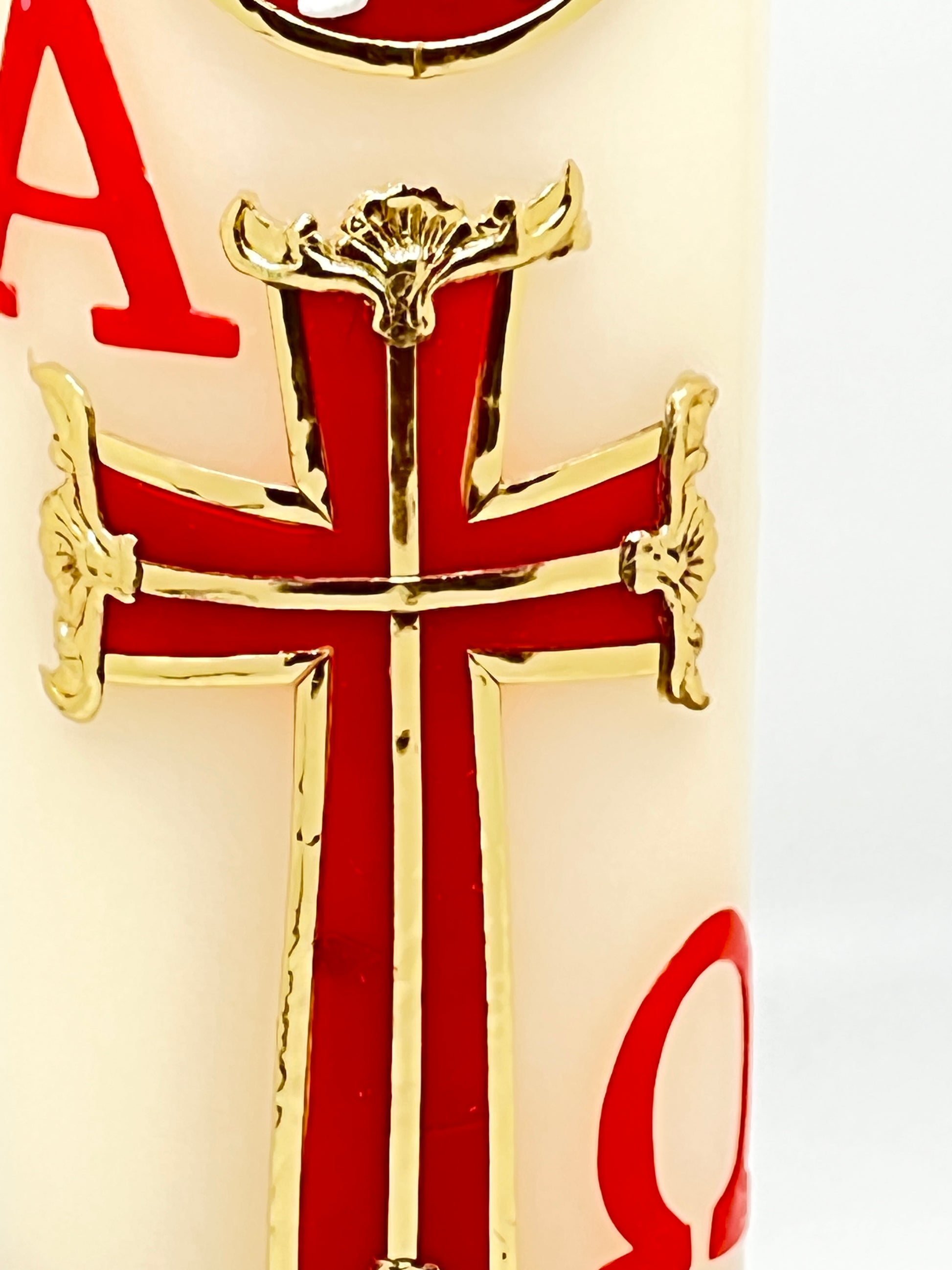 Alpha Omega with Lamb Pascual Carved Candle Cirio Candle Beeswax 9-1/2" x 2 3/4" - Unique Catholic Gifts