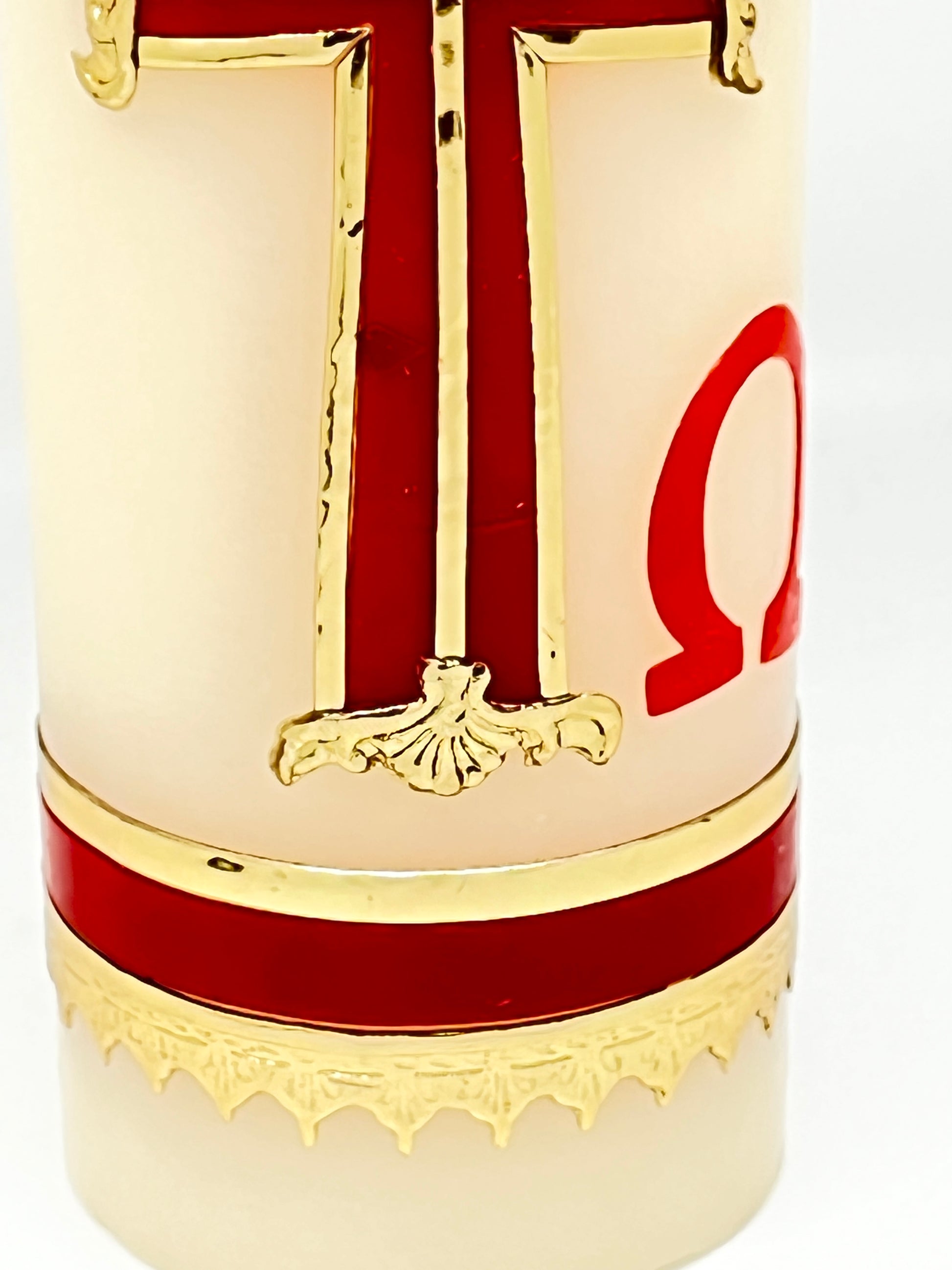 Alpha Omega with Lamb Pascual Carved Candle Cirio Candle Beeswax 9-1/2" x 2 3/4" - Unique Catholic Gifts