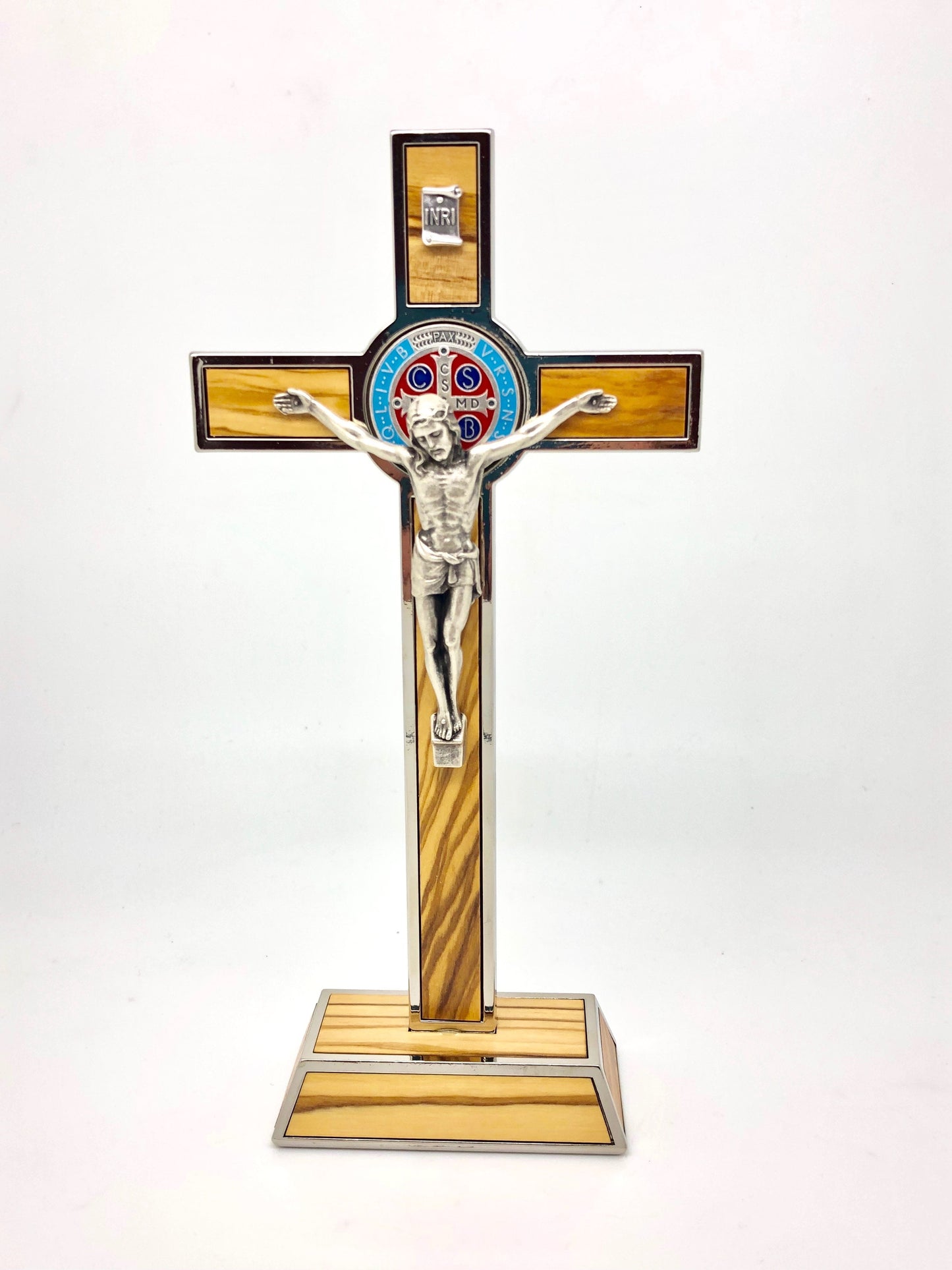 St. Benedict Wood and Metal Inlay Standing Crucifix  (8") - Unique Catholic Gifts