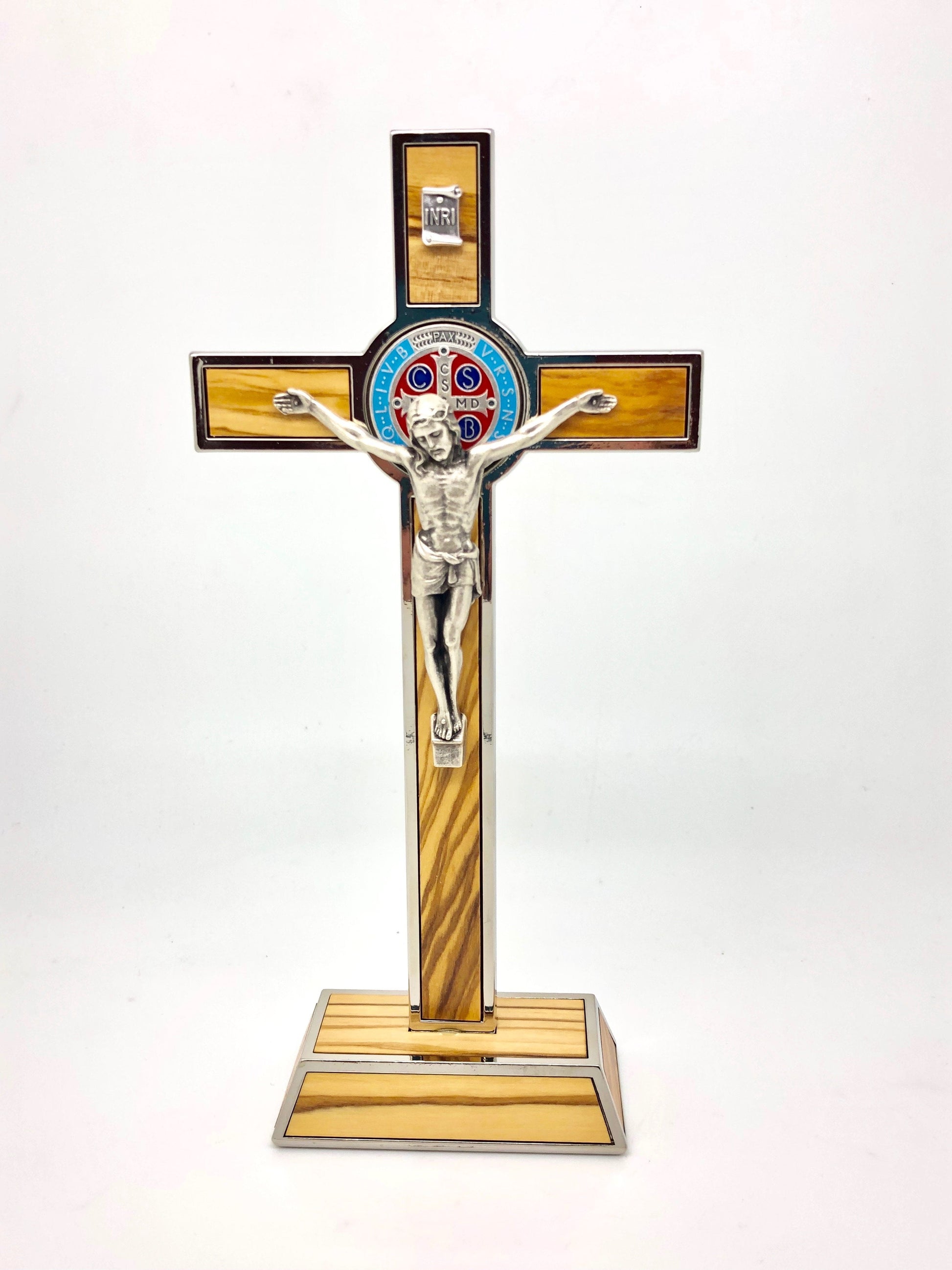 St. Benedict Wood and Metal Inlay Standing Crucifix  (8") - Unique Catholic Gifts