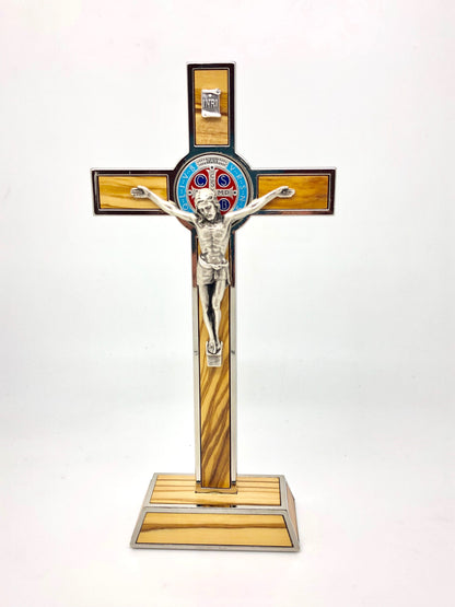 St. Benedict Wood and Metal Inlay Standing Crucifix  (8") - Unique Catholic Gifts