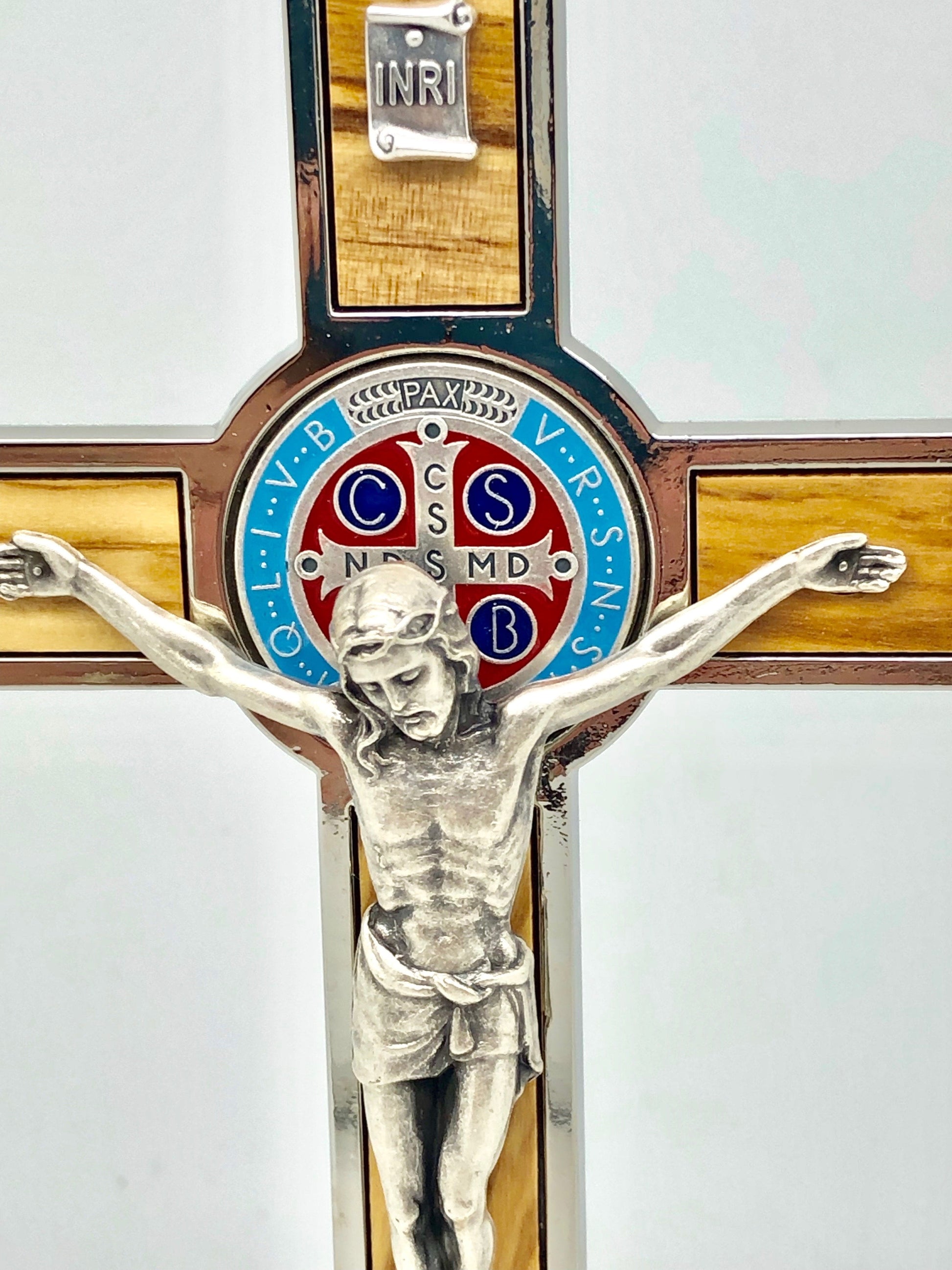 St. Benedict Wood and Metal Inlay Standing Crucifix  (8") - Unique Catholic Gifts