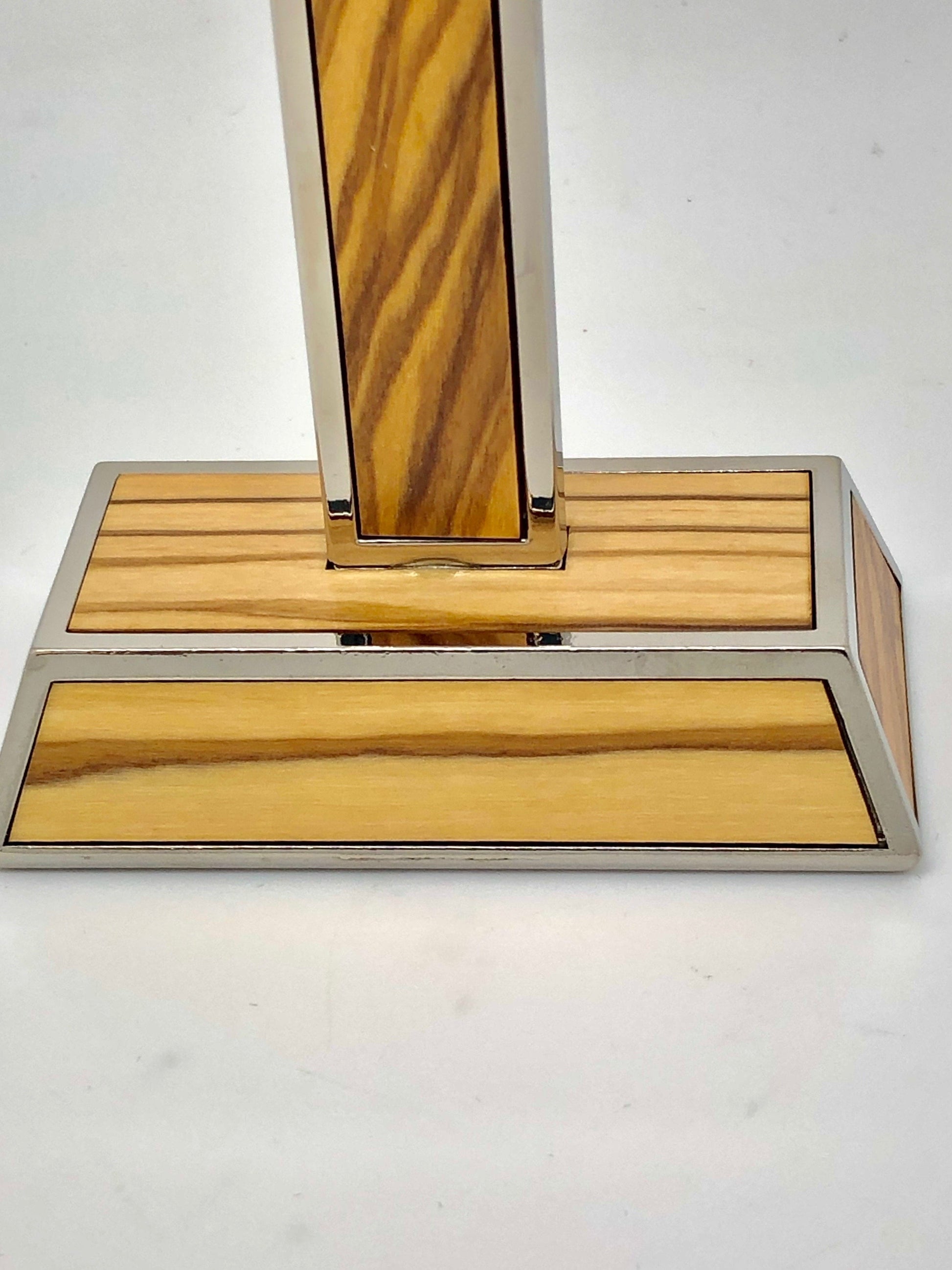 St. Benedict Wood and Metal Inlay Standing Crucifix  (8") - Unique Catholic Gifts