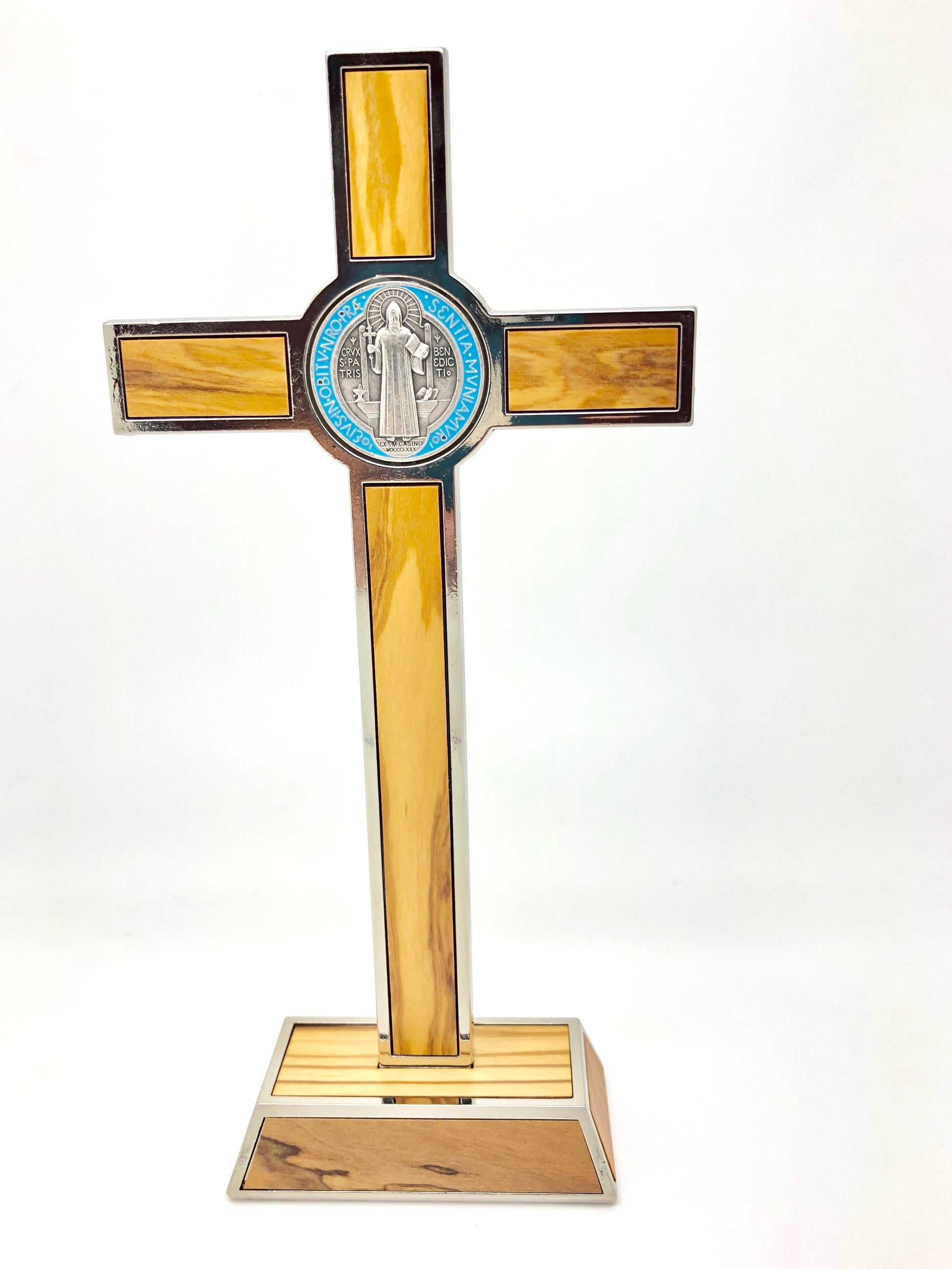 St. Benedict Wood and Metal Inlay Standing Crucifix  (8") - Unique Catholic Gifts