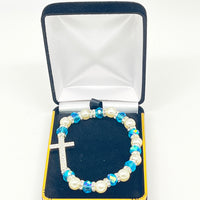 Light Blue and White Stretch Bracelet with Crystal Cross - Unique Catholic Gifts