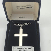 Sterling Silver Matte Finish Beveled Cross Pendant (1 1/4") on a 20" Heavy Curb Chain - Unique Catholic Gifts