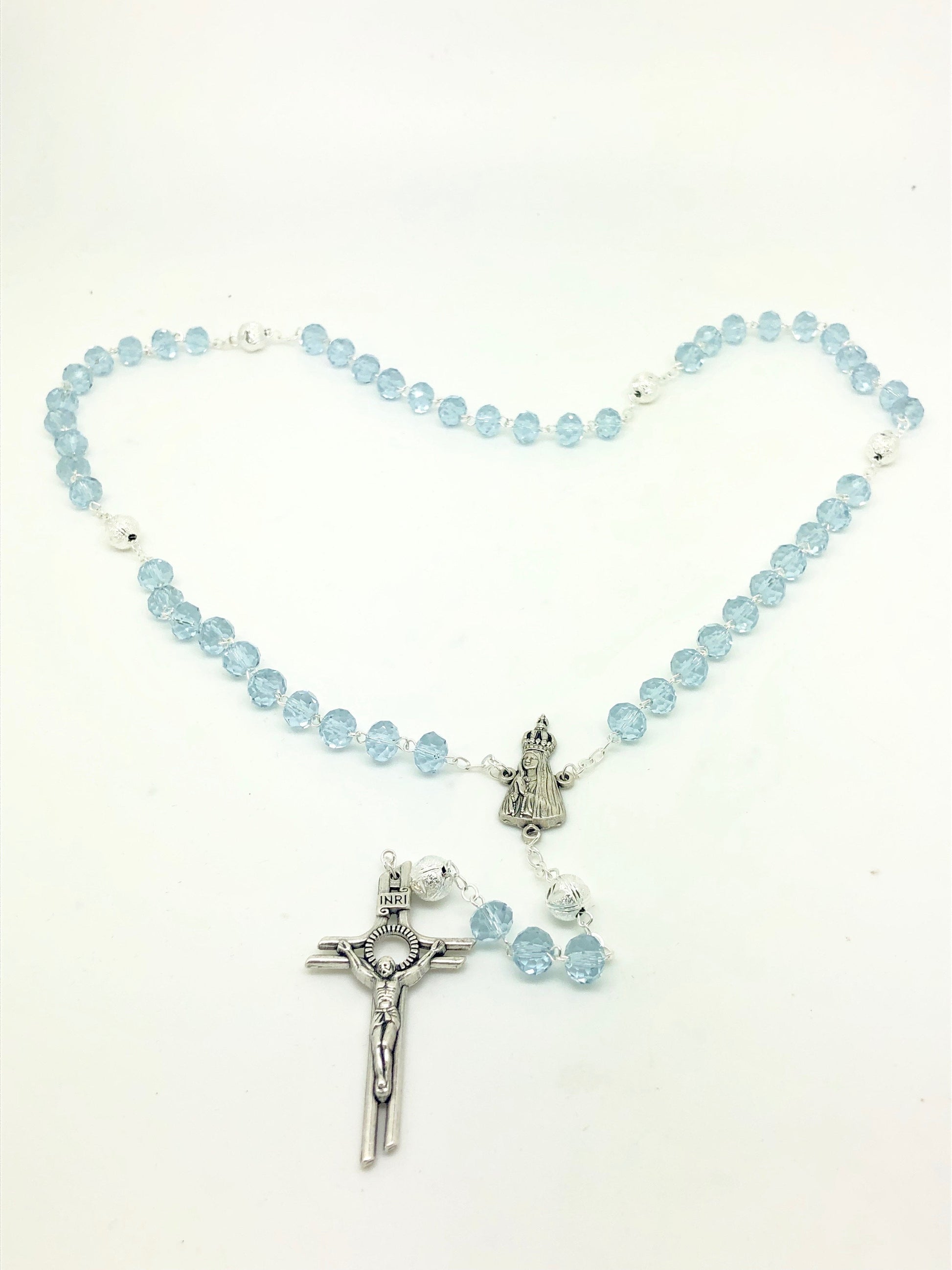 Blue to Lavender Crystal Rosary with Silver Our Father Beads from Fatima (8MM) - Unique Catholic Gifts