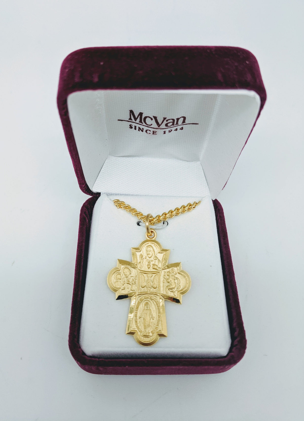 Gold over Sterling Silver 4-way medal (1 3/16") on 24" Gold plated chain - Unique Catholic Gifts